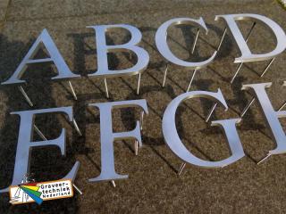 Aluminium gevelletters met lange draadstang voor op afstand in de wand.